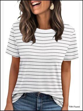 Womens Short Sleeve Ribbed Trim Crewneck T Shirt Summer Basic Tee